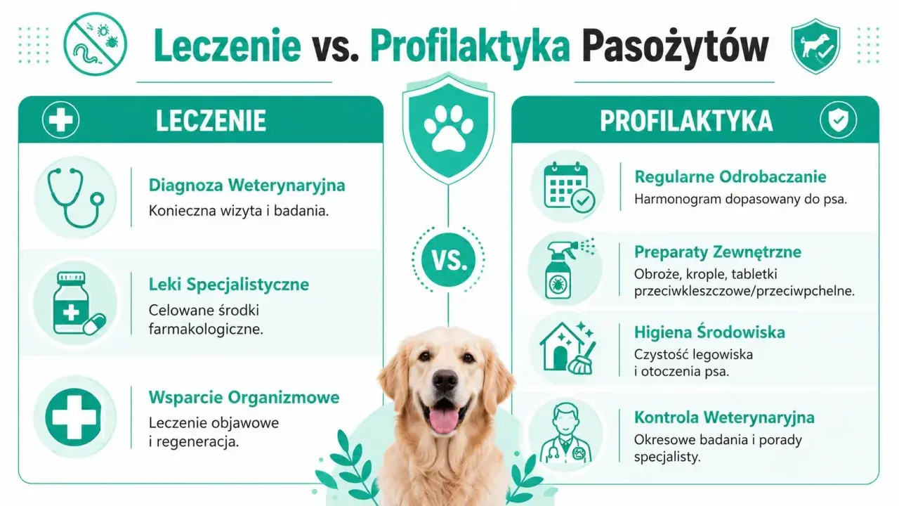 Grafika porównuje leczenie i profilaktykę nicieni u psa. Zawiera informacje o diagnozie, lekach, wsparciu organizmu, odrobaczaniu, preparatach zewnętrznych, higienie i kontroli weterynaryjnej.