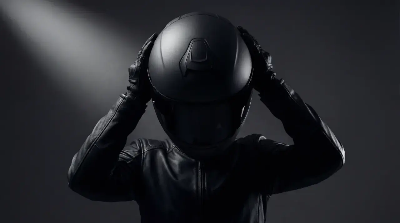 Persona con chaqueta de cuero y guantes se pone un casco negro, con líneas afiladas y modernas.