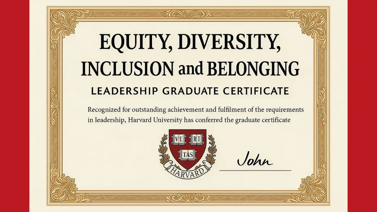 Harvard University DEI graduate certificate in Equity, Diversity, Inclusion, and Belonging Leadership.