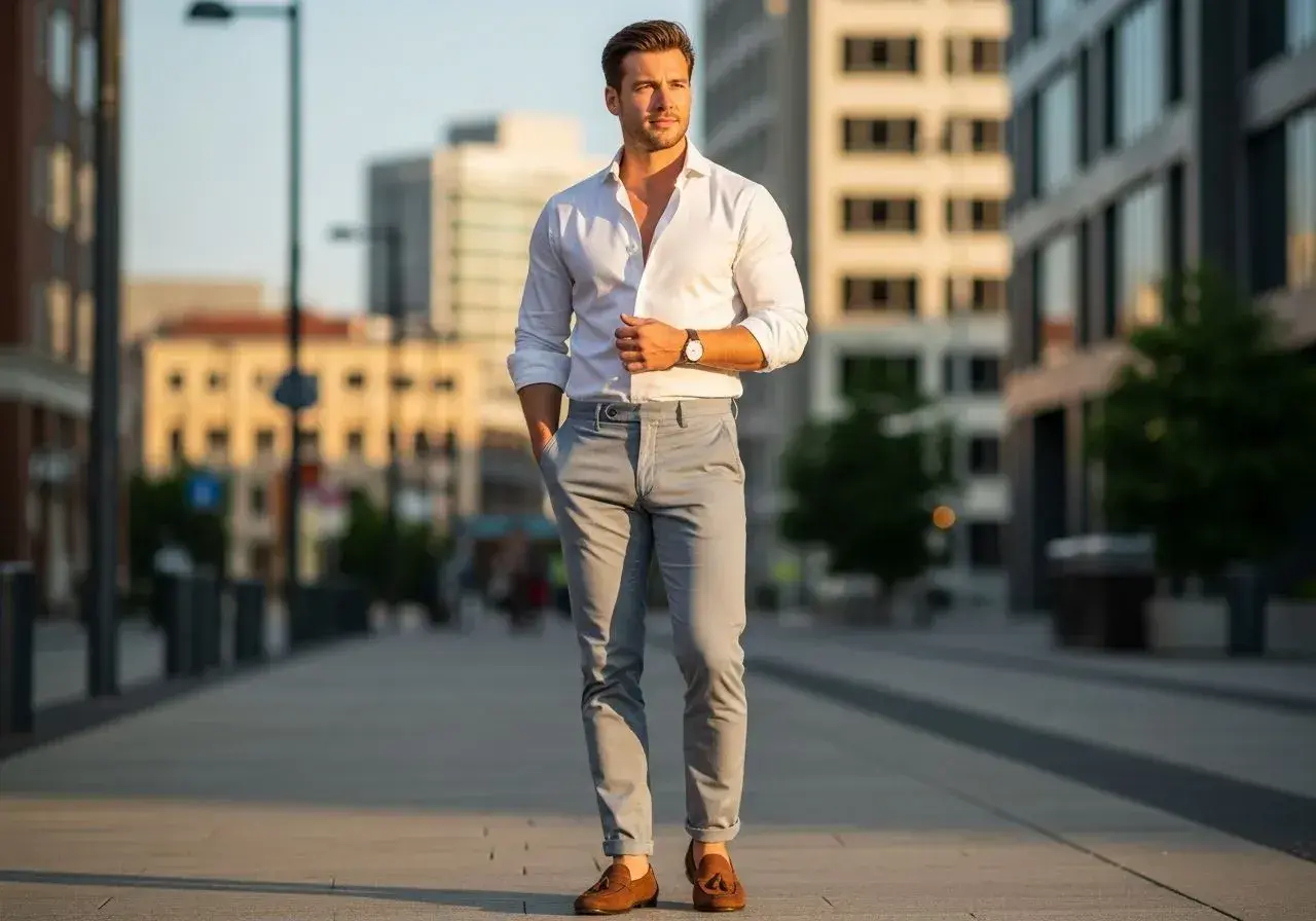 Mężczyzna w białej koszuli i szarych spodniach, idealnie wpisujący się w **smart casual dress code**, spaceruje po mieście.