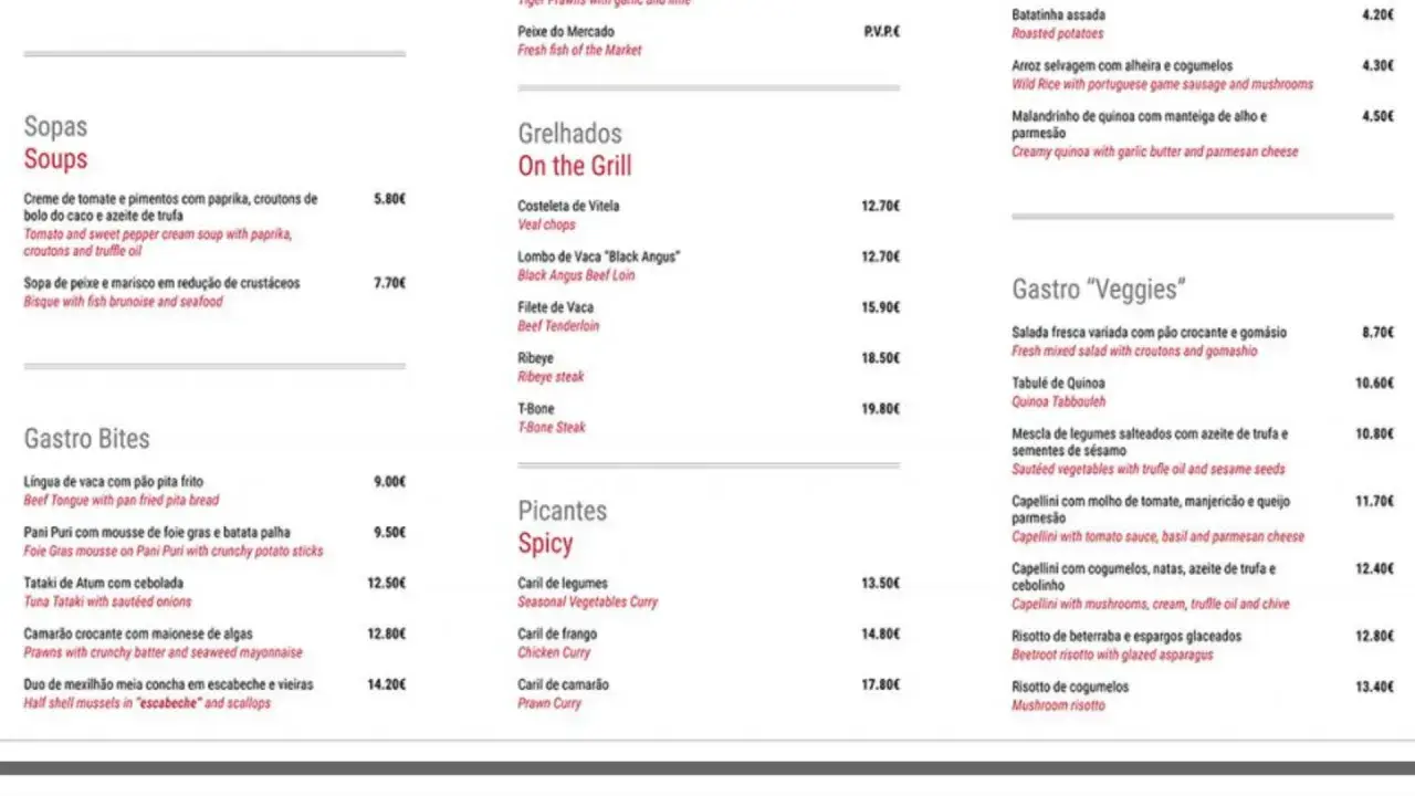 Menu z daniami z grilla, w tym steki T-bone i wołowe. Ceny madera są zróżnicowane, od 12,70€ za polędwicę wołową.