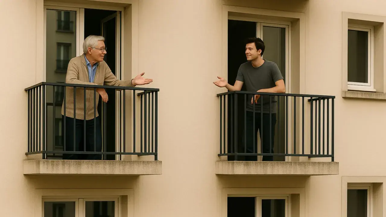 Deux voisins discutent sur leurs balcons, un échange qui pourrait illustrer les troubles du voisinage en droit français.