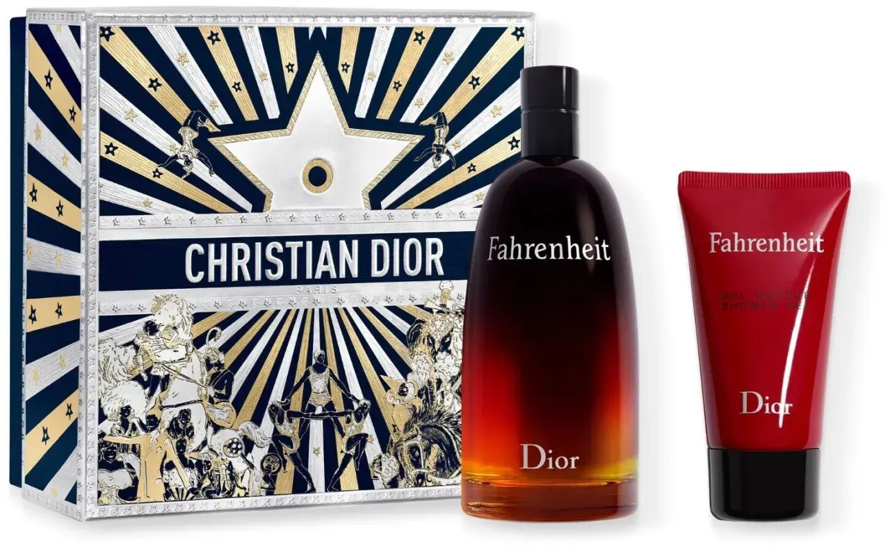 Zestaw prezentowy Dior Fahrenheit 100ml z butelką perfum i żelem pod prysznic.
