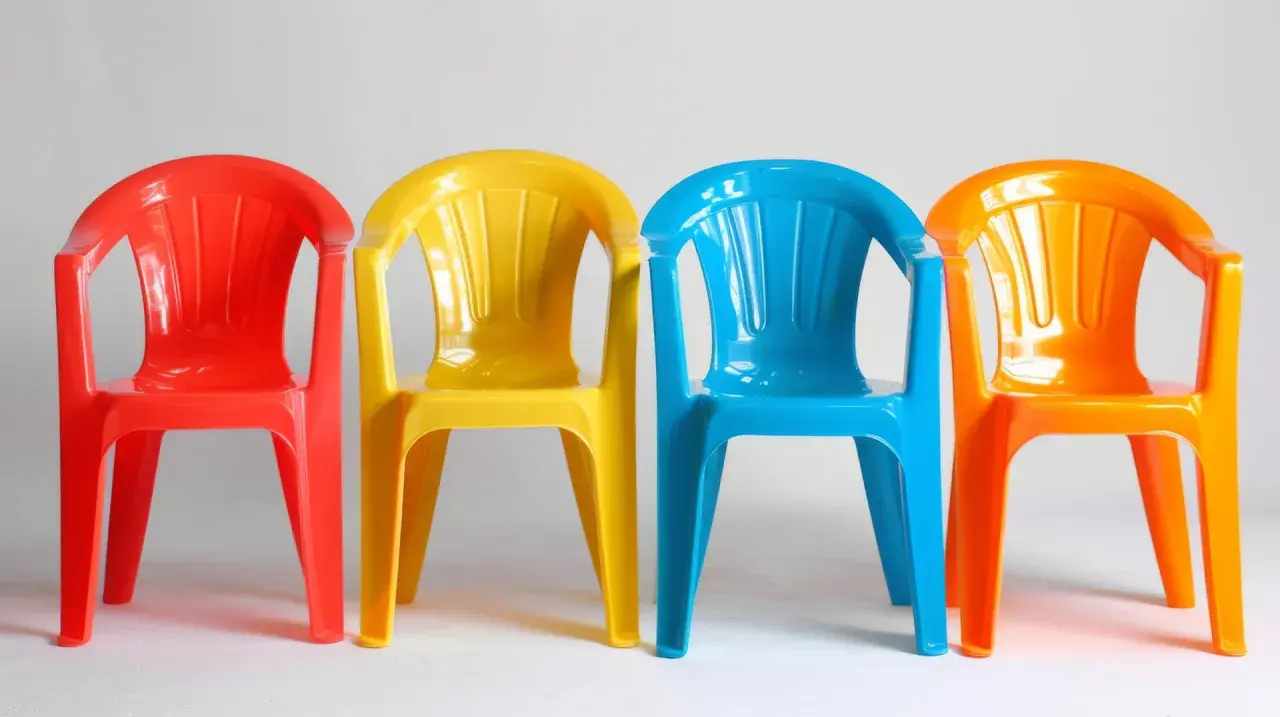 Cztery kolorowe plastikowe krzesełka: czerwone, żółte, niebieskie i pomarańczowe. Idealne do ogrodu, zastanawiasz się, czym pomalować plastik?