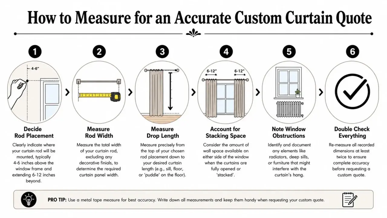 Infographic shows how to measure curtain length and width: rod placement, rod width, drop length, stacking space, obstructions, and double-checking.
