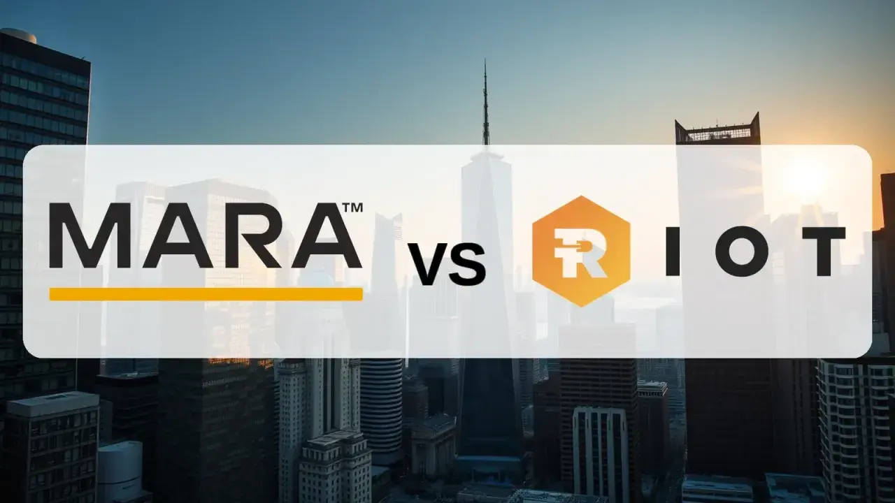 Vergleich der **Mara Holdings Aktie** mit RIOT vor einer Skyline.