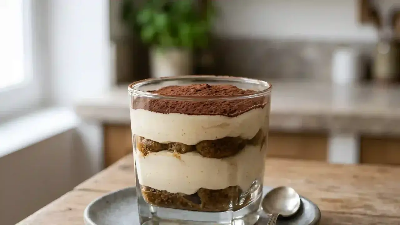 Un délicieux tiramisu vanille, superposé de crème onctueuse et de biscuits savoyards, saupoudré de cacao.
