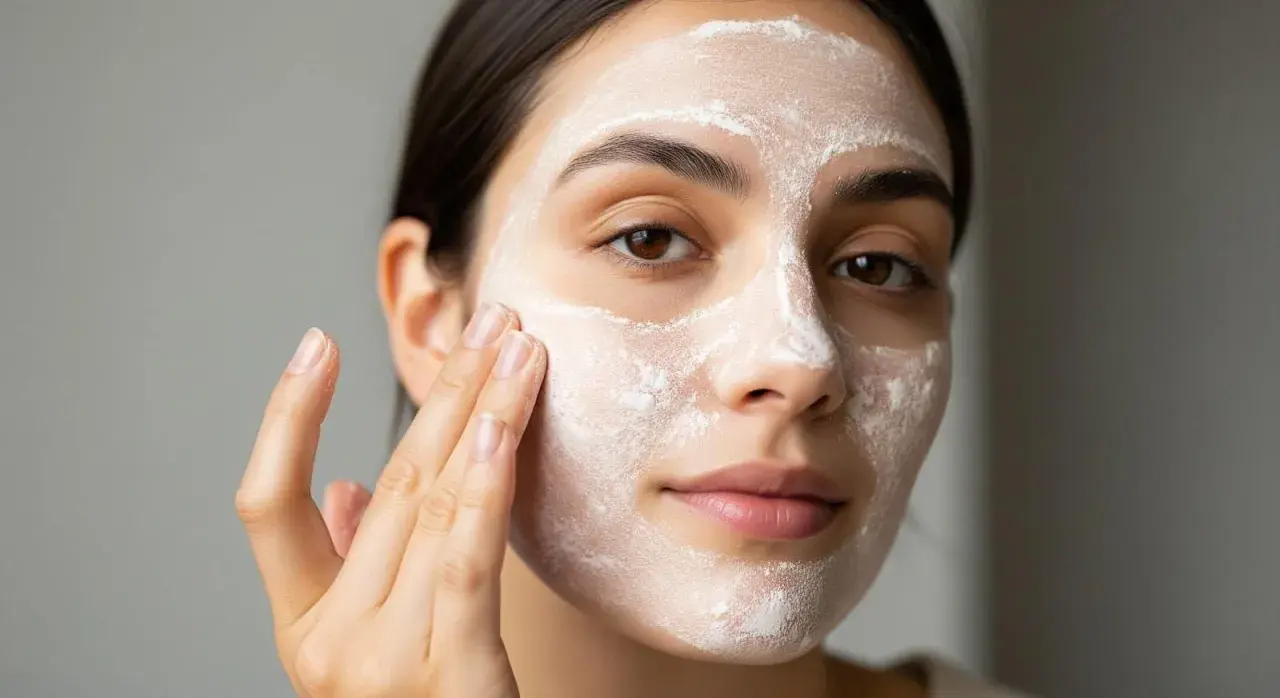 Une femme applique un masque blanc sur son visage, peut-être un soin à l'acide rétinoïque pour le visage.