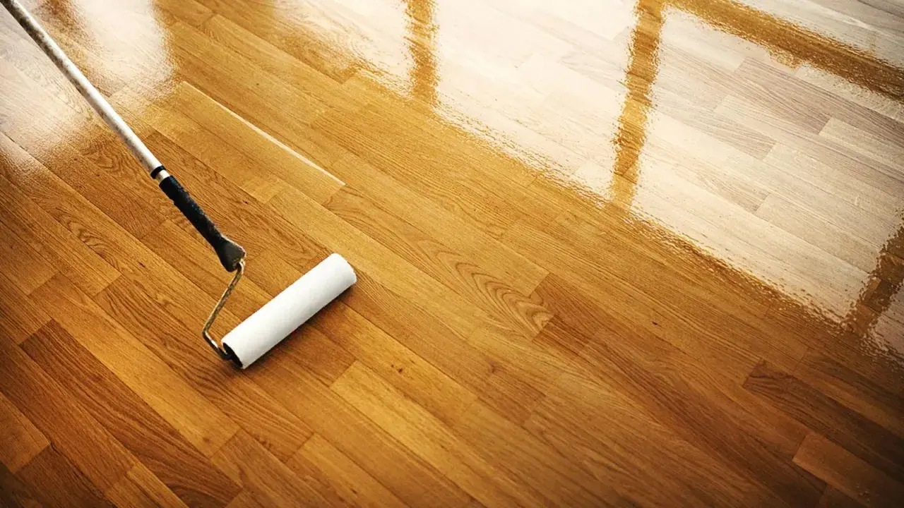 Rodillo aplicando barniz para limpiar parquet y darle un acabado brillante.