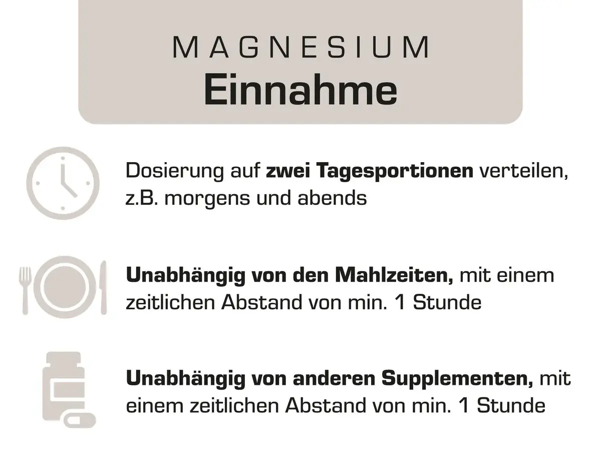Magnesium-Einnahme: auf zwei Portionen verteilen, unabhängig von Mahlzeiten & anderen Supplementen, um Wechselwirkungen zu vermeiden.