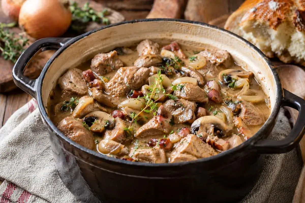 Un réconfortant sauté de veau mijoté avec des champignons, des oignons et des lardons, garni de thym frais. Parfait pour un repas d'automne.