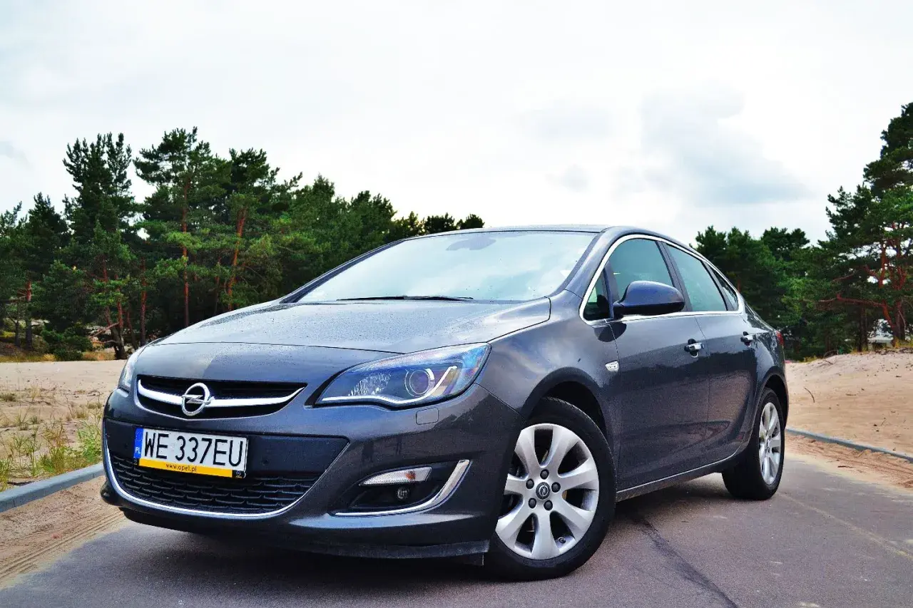 Szary Opel Astra 2025 na tle sosnowego lasu. Elegancki sedan gotowy na każdą podróż.