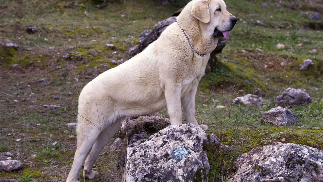 Un imponente perro mastín de pelaje claro, con collar metálico, descansa sobre rocas en un paisaje natural.