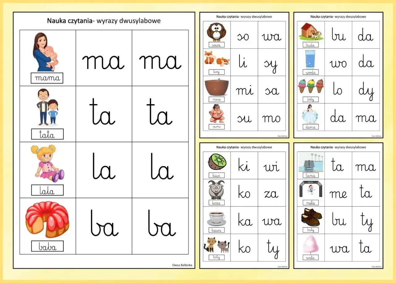 Pomoc w nauce czytania sylabami: mama, tata, lala, baba, sowa, lis, misa, sumo, buda, woda, lody, dama, kiwi, koza, kawa, koty, tama, meta, buty, wata.