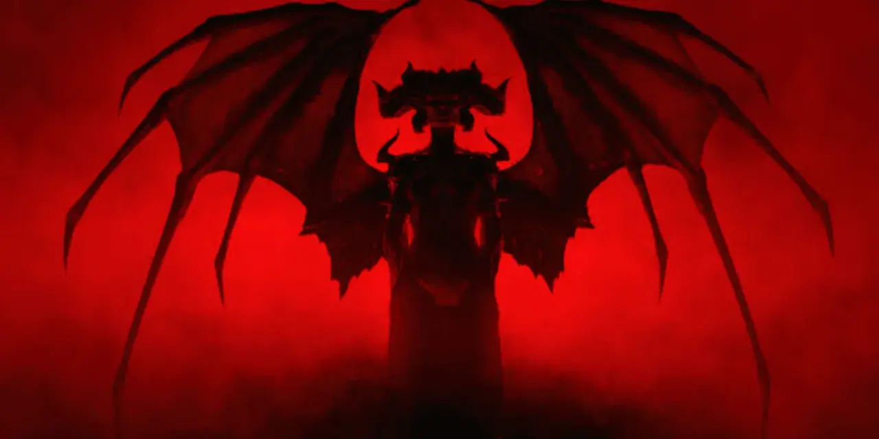 Lilith, demonica z Diablo IV, z rozpostartymi skrzydłami na tle czerwonej mgły.