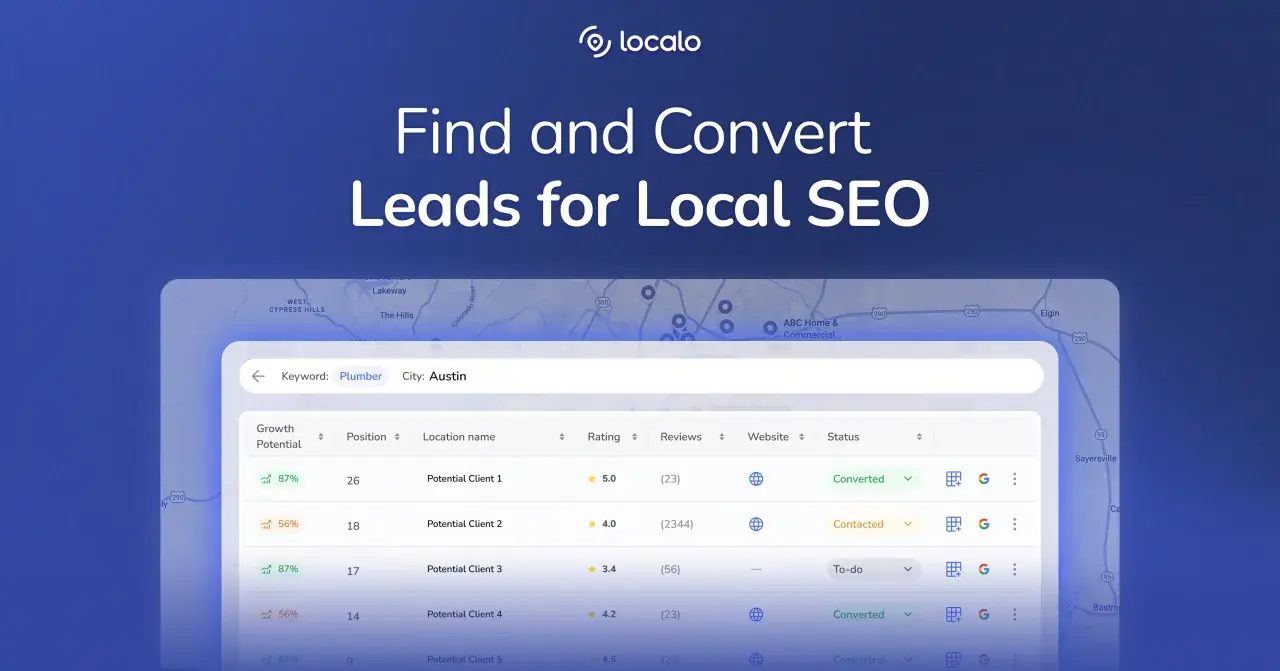 Interfaz de software para optimizar cómo hacer SEO local, mostrando clientes potenciales para "fontanero" en Austin, con su potencial de crecimiento y estado.