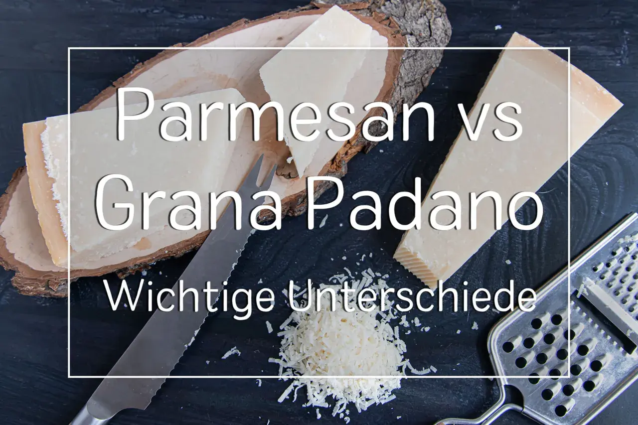 Parmesan und Grana Padano Käse mit Messer, Reibe und geriebenem Käse.