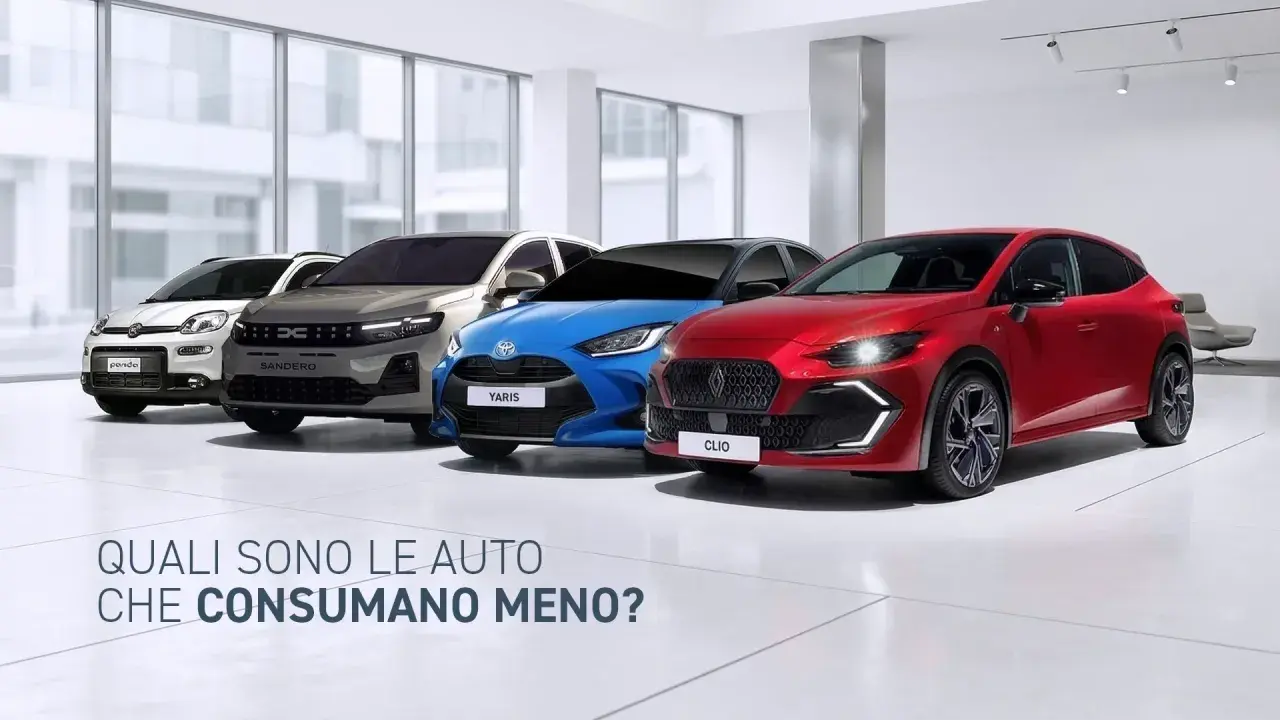Quattro macchine economiche, una bianca, una grigia, una blu e una rossa, in un salone. Quali sono le auto che consumano meno?