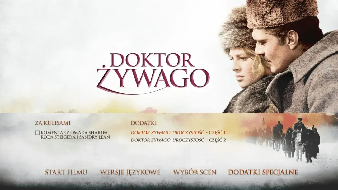 Plakat filmu Doktor Żywago z Omarem Sharifem i Julią Christie. Widoczna jest też scena z konnymi podróżnikami.