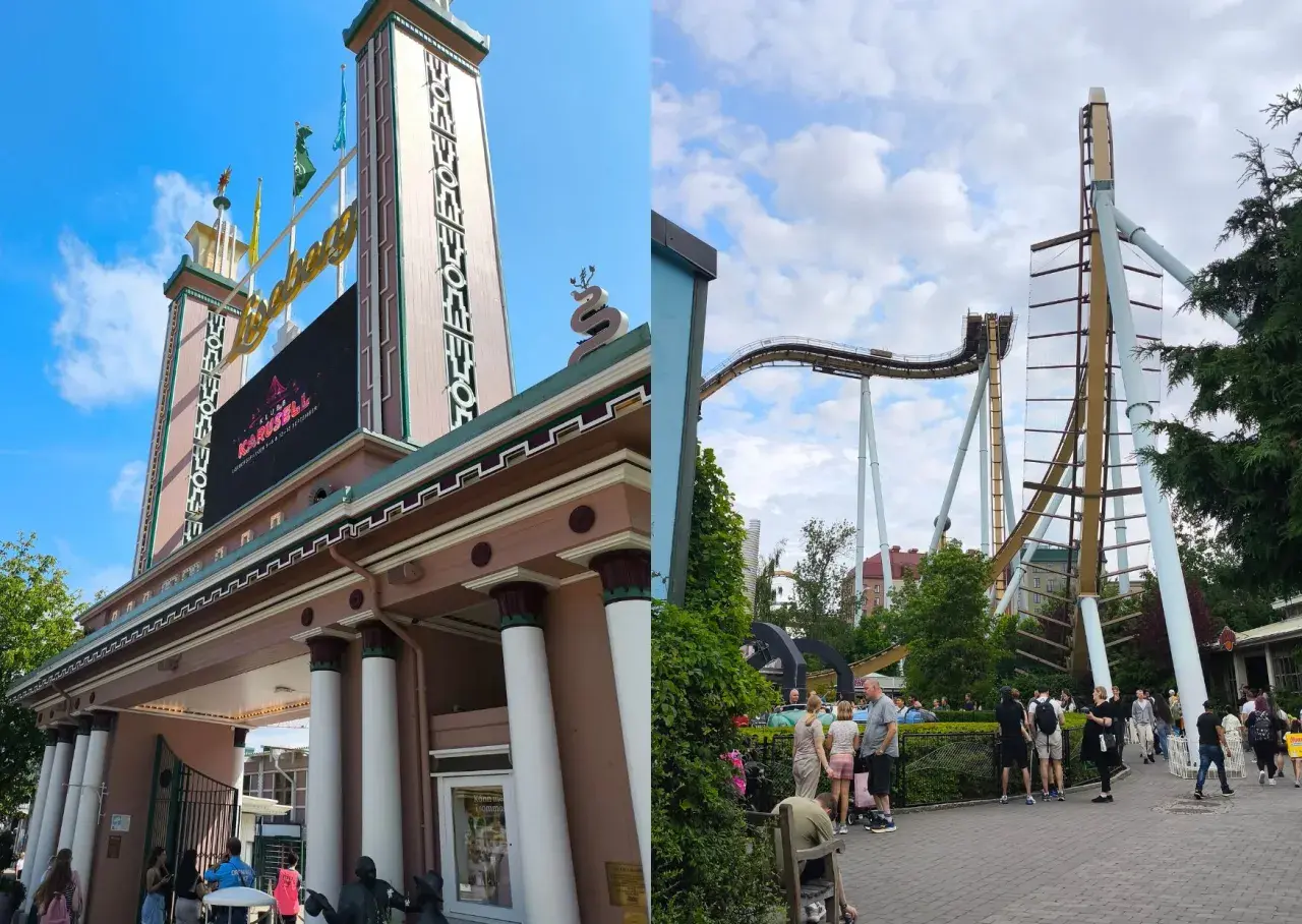 Wejście do parku rozrywki Gröna Lund w Szwecji. W tle widać kolejkę górską.