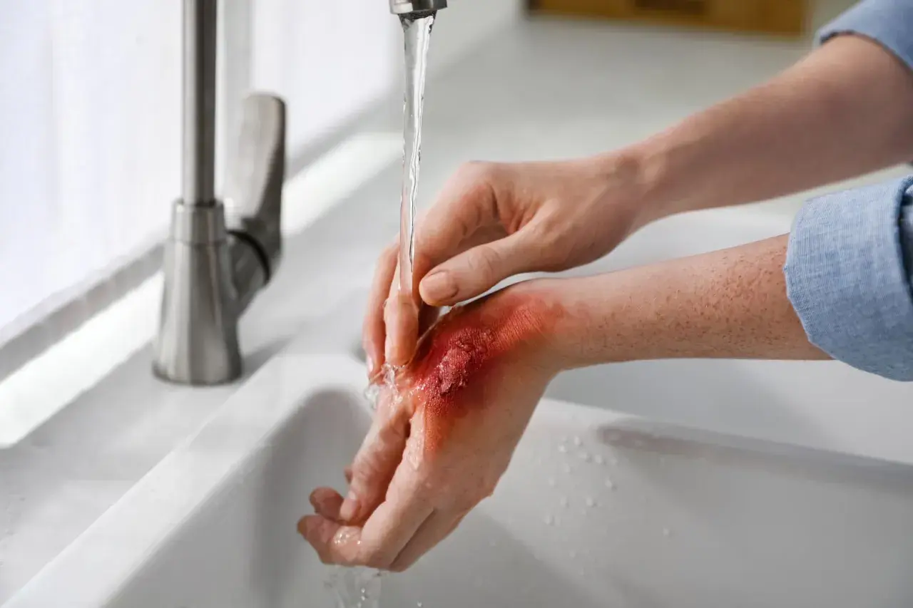 Main sous un jet d'eau froide, montrant une brulure superficielle rouge et irritée sur le dos de la main.