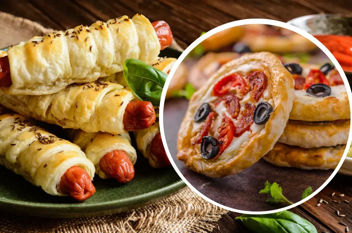 Pyszne przekąski z ciasta francuskiego: parówki w cieście i mini pizze z pomidorkami i oliwkami.
