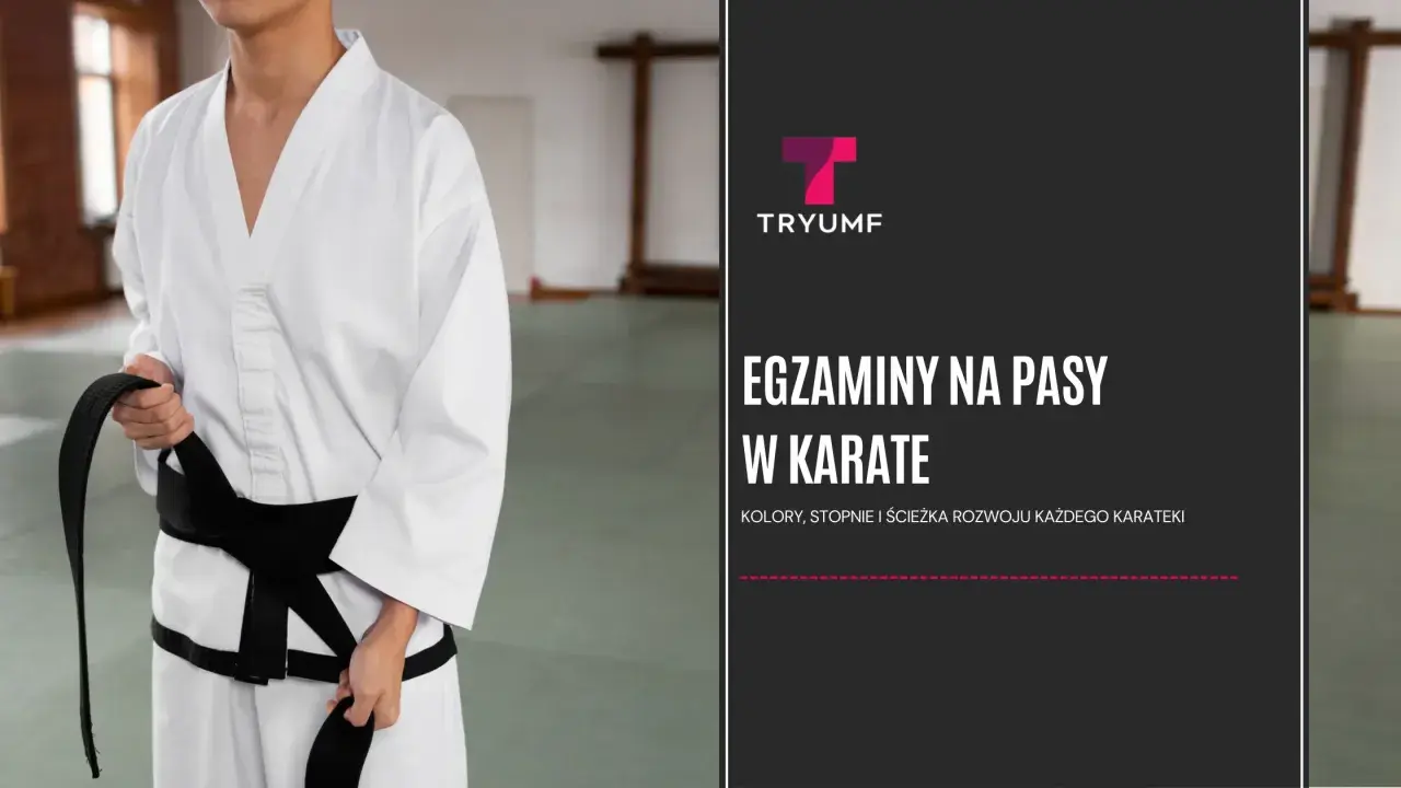 Osoba w białym karate gi przygotowuje się do egzaminu, zawiązując czarny pas. Kolory pasów w karate symbolizują drogę rozwoju.