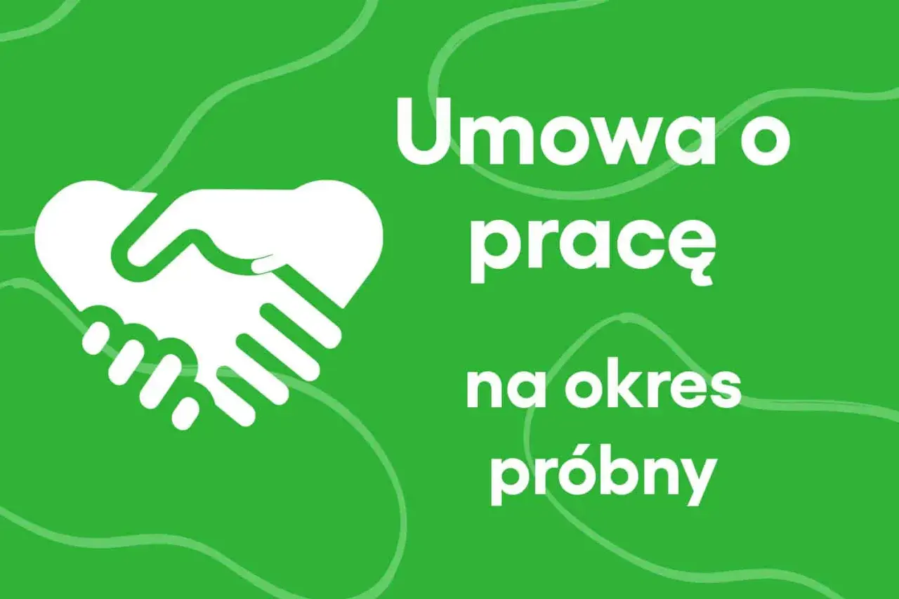 Białe dłonie ściskają się na zielonym tle, symbolizując umowę o pracę na okres próbny.