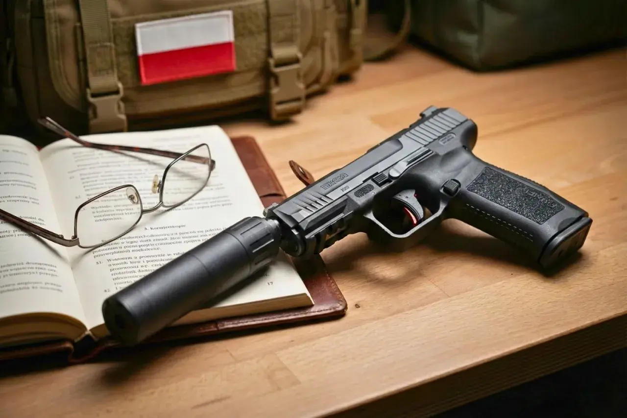 Pistolet z tłumikiem na książce, obok okulary i torba z polską flagą. Czy asg jest legalne? To pytanie nurtuje wielu pasjonatów.