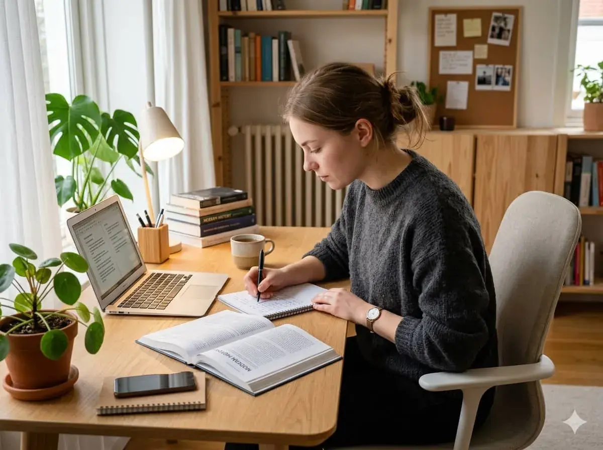 Junge Frau lernt konzentriert am Schreibtisch, um ihre Konzentration zu steigern. Laptop, Bücher und Pflanzen schaffen eine ruhige Lernatmosphäre.
