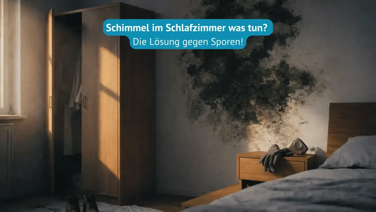 Schimmel im Schlafzimmer: Symptome und Lösungen. Dunkle Flecken an der Wand, ein Kleiderschrank und ein Bett.