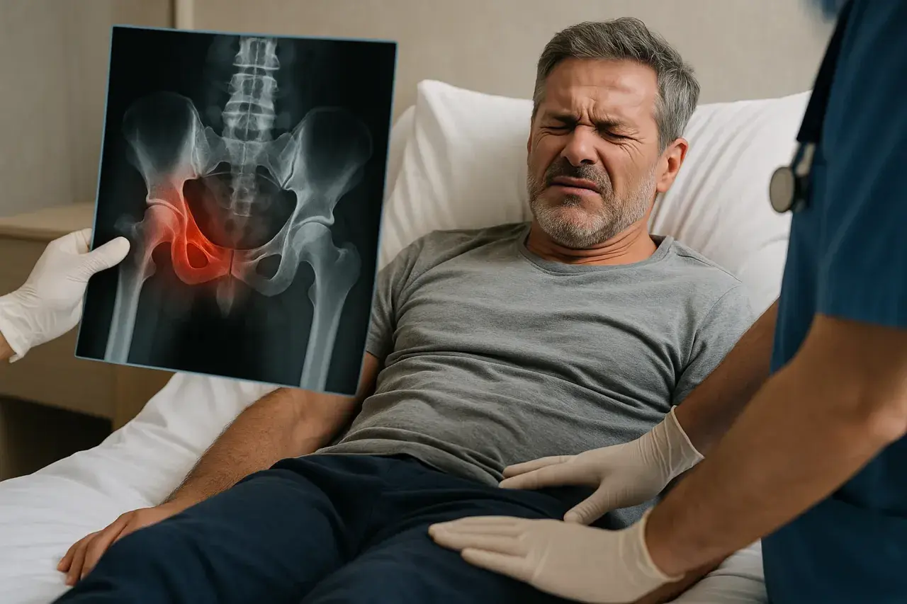 Pacjent z bólem biodra, lekarz pokazuje RTG miednicy z zaznaczonym złamaniem Malgaigne.