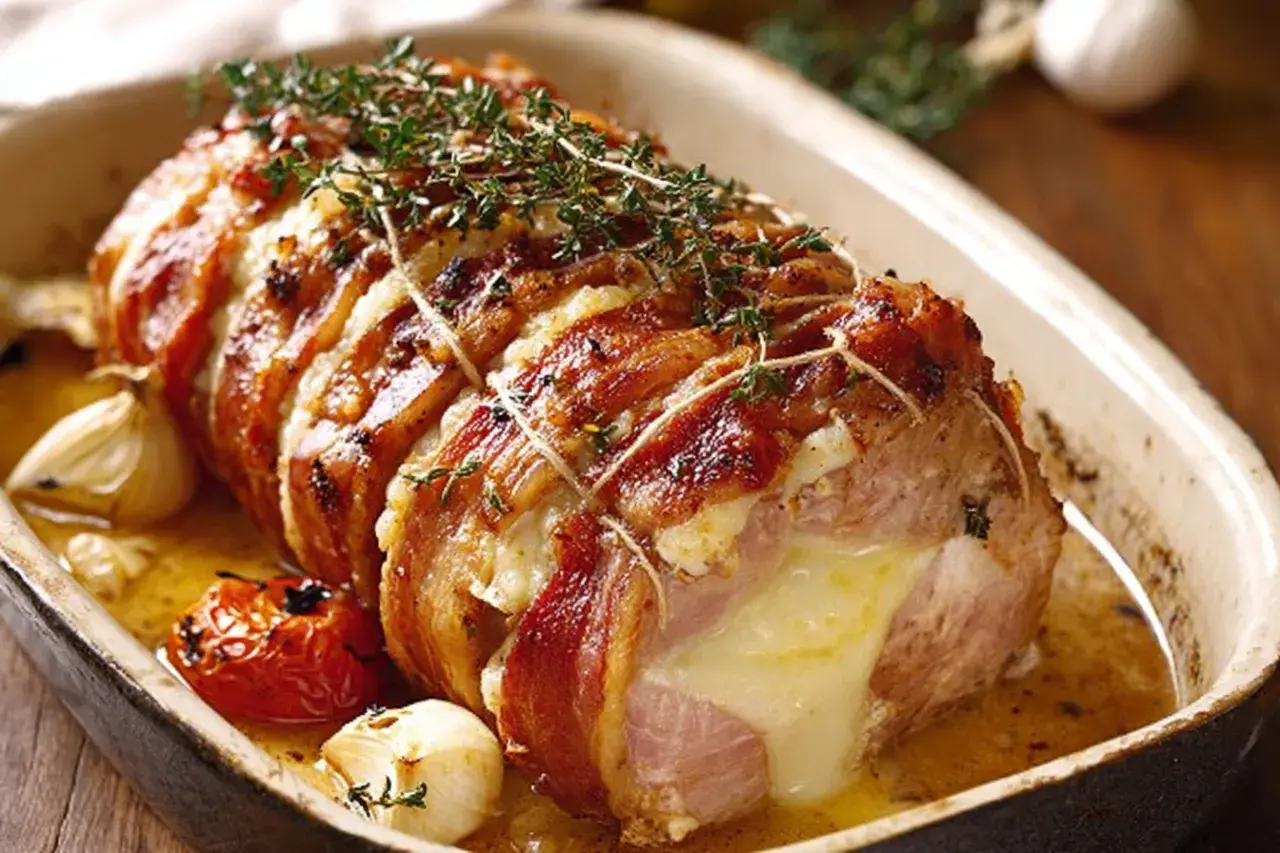Un rôti Orloff, enveloppé de lard, garni de fromage fondant et d'herbes, mijote dans un plat avec de l'ail et une tomate rôtie.