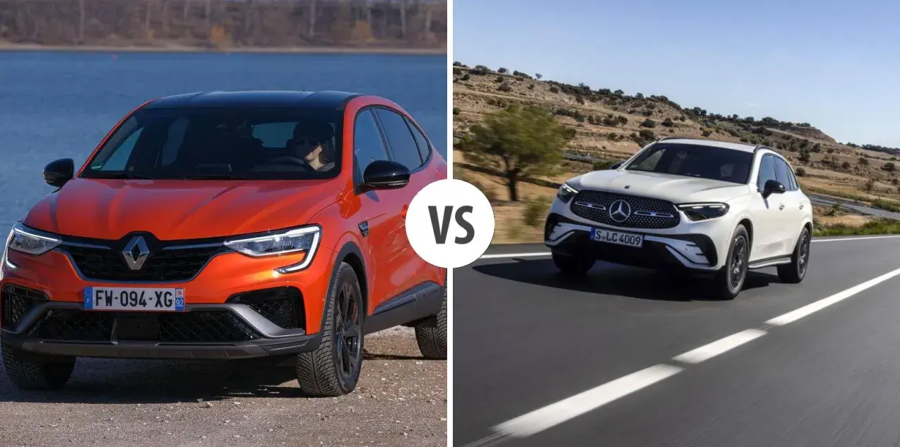 Renault Arkana naranja vs. Mercedes-Benz GLC blanco en carretera. ¿Cuál tiene mejor motor Mercedes?