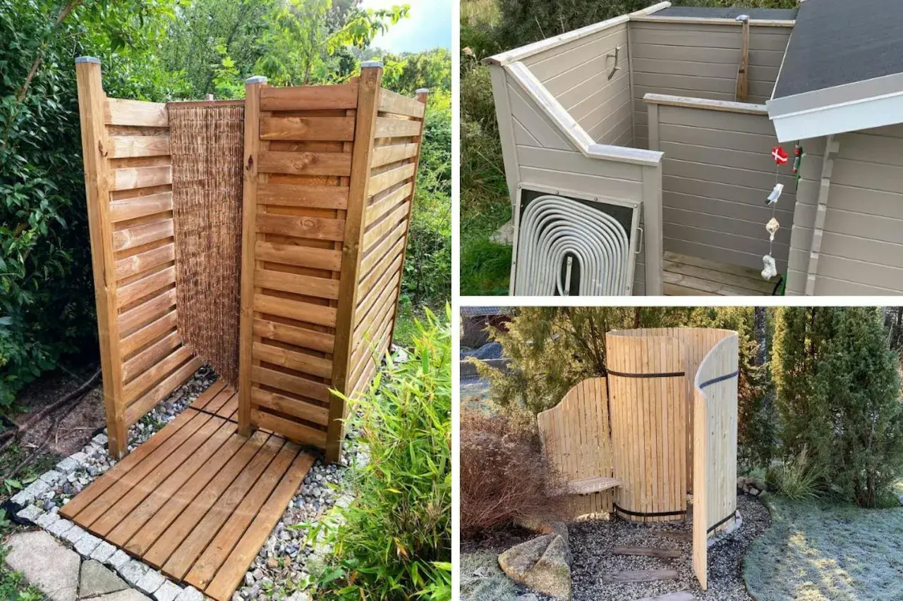 Härlig utedusch inspiration med träkonstruktioner och en modern variant med värmeslingor. Perfekt för sommarhuset!