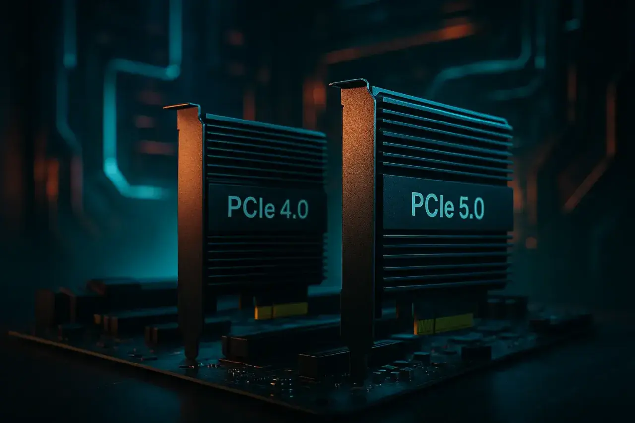 Zwei PCIe-Karten, PCIe 4.0 und PCIe 5.0, stehen nebeneinander auf einer Platine. Die neuere PCIe 5.0-Technologie verspricht höhere Geschwindigkeiten.