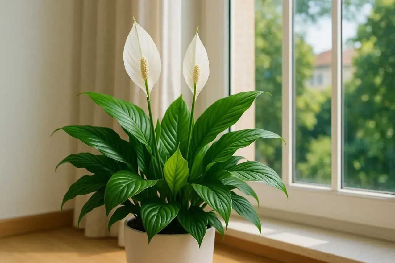 Une plante d'intérieur avec deux élégantes fleurs blanches, comme une fleur de lune, se dresse près d'une fenêtre lumineuse.