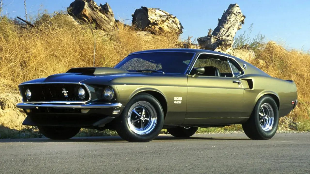 Ein goldener amerikanischer Oldtimer, ein Ford Mustang Boss 429, steht vor einer trockenen, grasbewachsenen Böschung mit Baumstämmen.