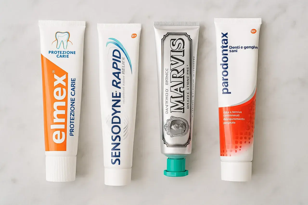 Quattro tubetti di dentifricio: Elmex, Sensodyne, Marvis e Parodontax, quest'ultimo specifico per denti e gengive sane, utile contro la piorrea.