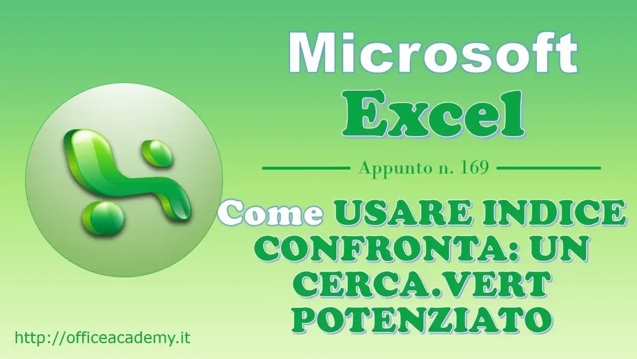Logo Microsoft Excel a sinistra. Titolo: Come usare INDICE CONFRONTA: un cerca.vert potenziato.