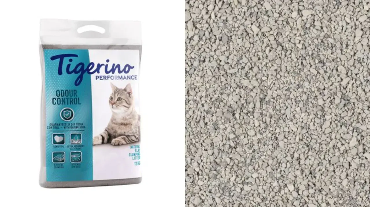 Bolsa de arena aglomerante Tigerino Odour Control, un ejemplo de tipos de arena para gatos.