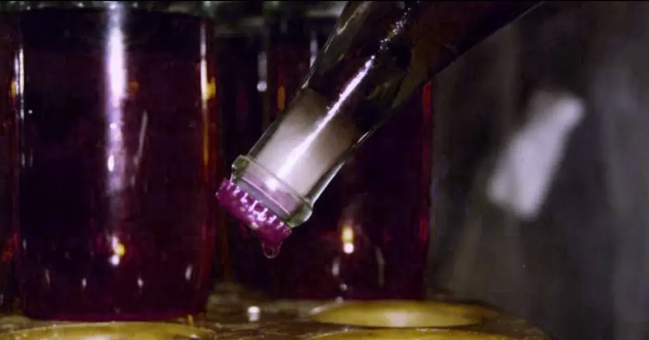 Bottiglia di vino rosso con tappo viola, una goccia cade. Il dégorgement significato è la rimozione del sedimento.