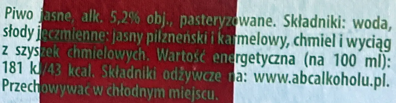 Jasne piwo Tyskie ma 5,2% alkoholu. Składniki: woda, słody jęczmienne, chmiel. Wartość energetyczna 43 kcal/100 ml.