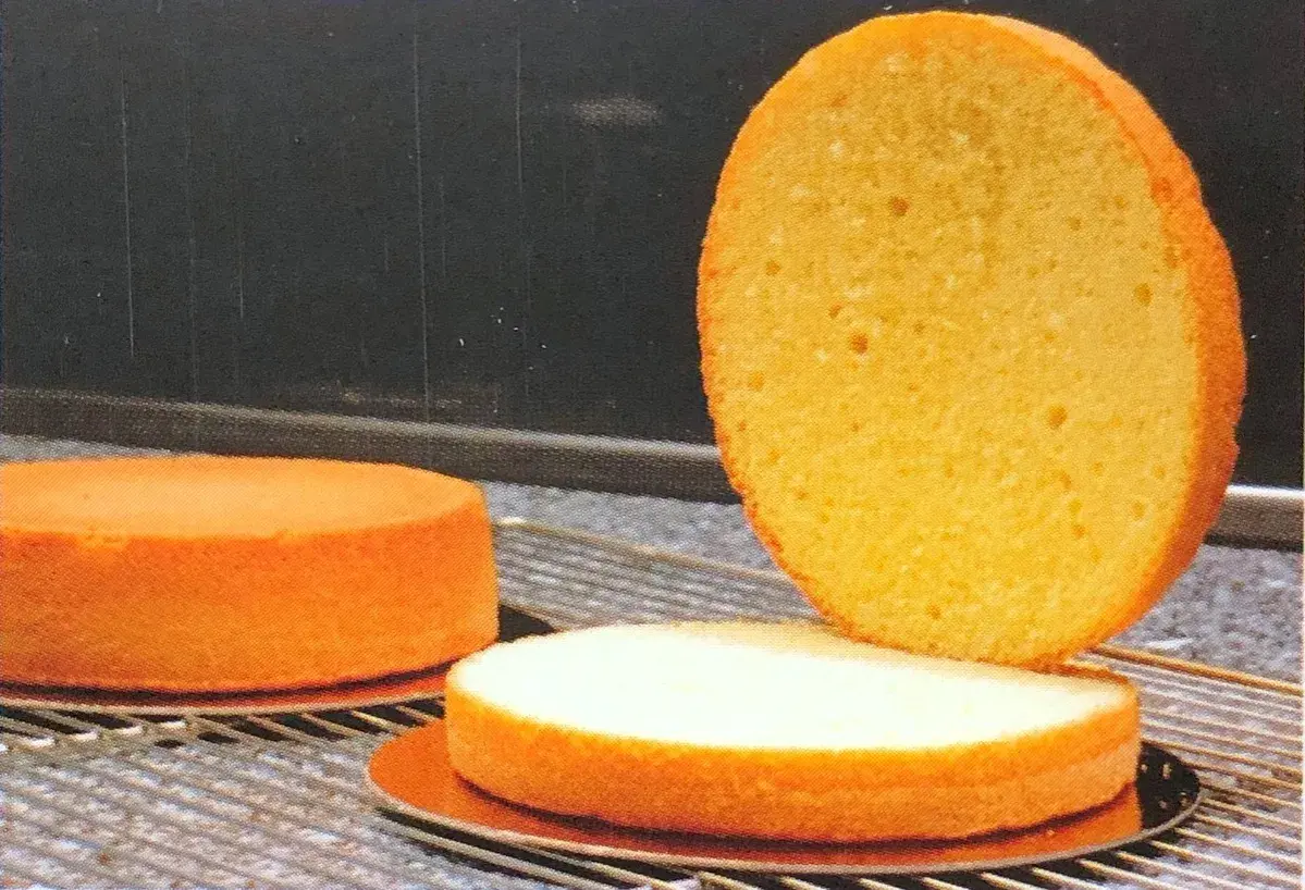 Trois disques de génoise dorée, prêts pour une recette. L'un est coupé en deux, révélant sa texture aérée.