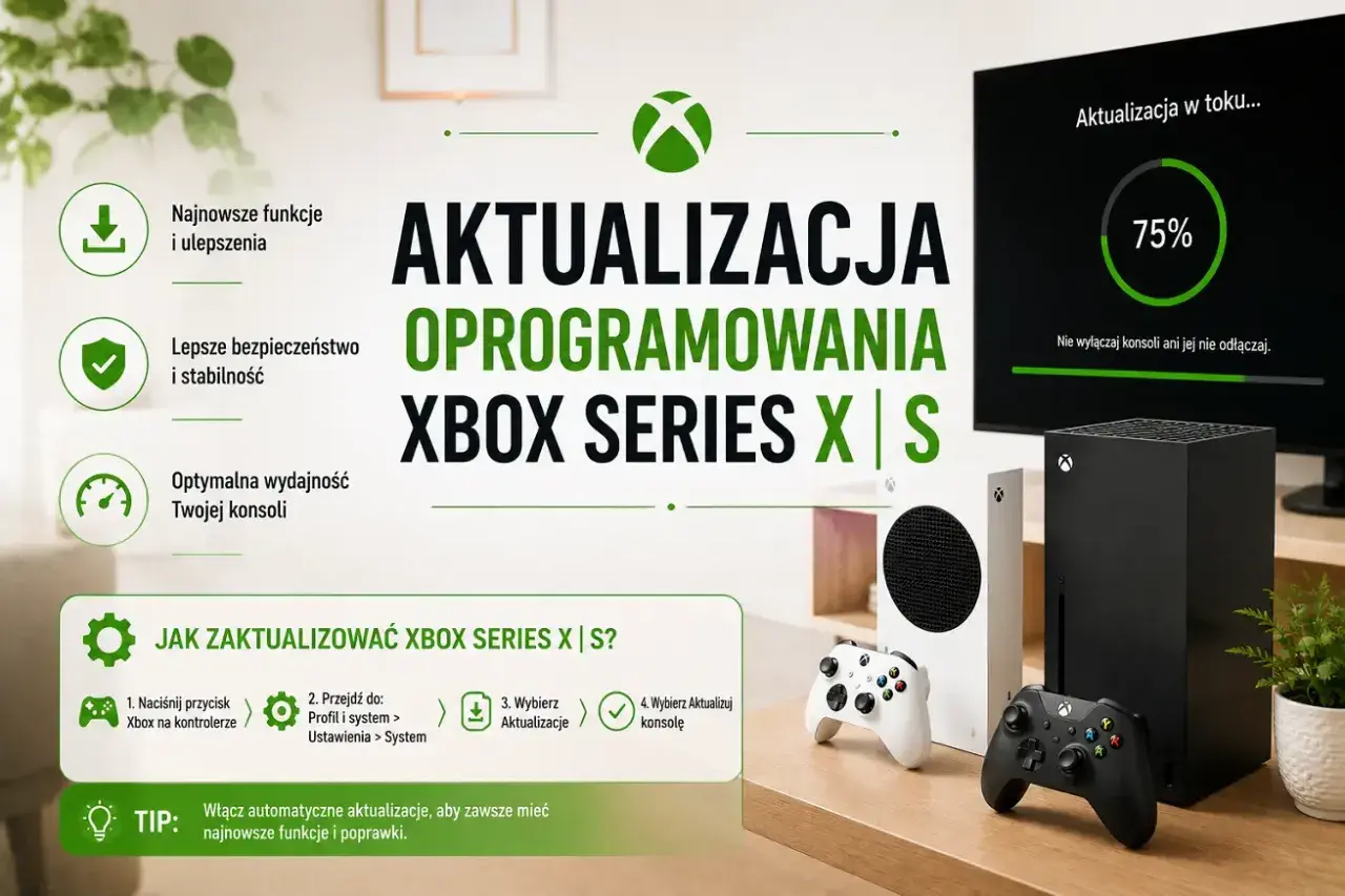 Grafika przedstawia konsole Xbox Series X i S, kontrolery oraz ekran z postępem aktualizacji oprogramowania.