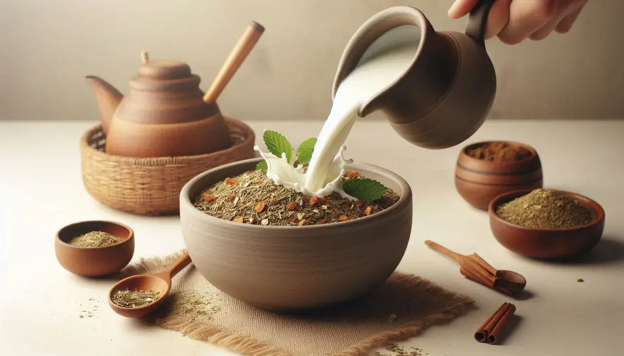 Mleko wlewane do miski z yerba mate, tworząc kremowy napój. W tle drewniany czajniczek i naczynia z suszem.