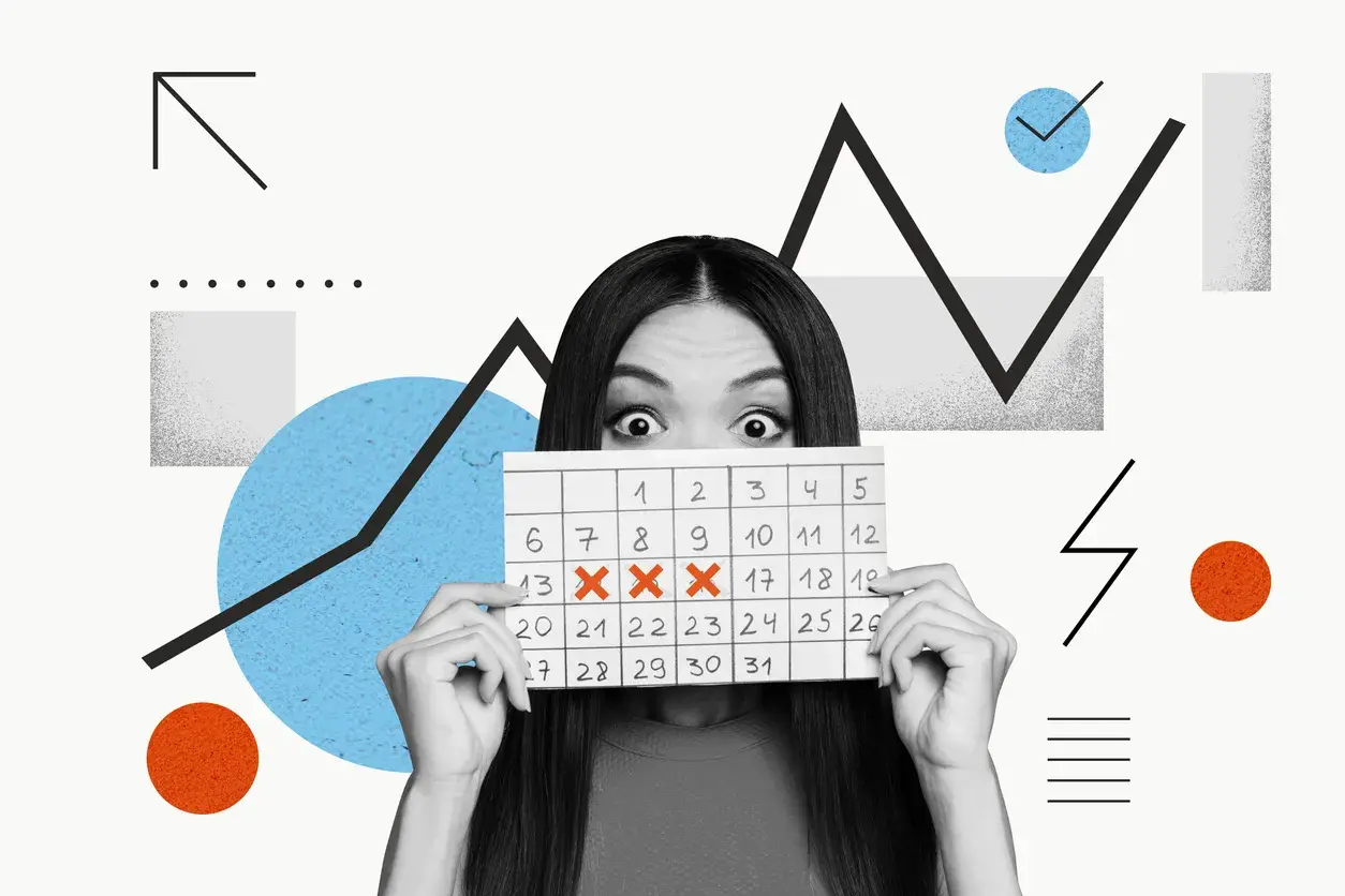 Occhi spalancati su un calendario che mostra i giorni del mese in inglese, con le date 13, 14 e 15 segnate da una X.