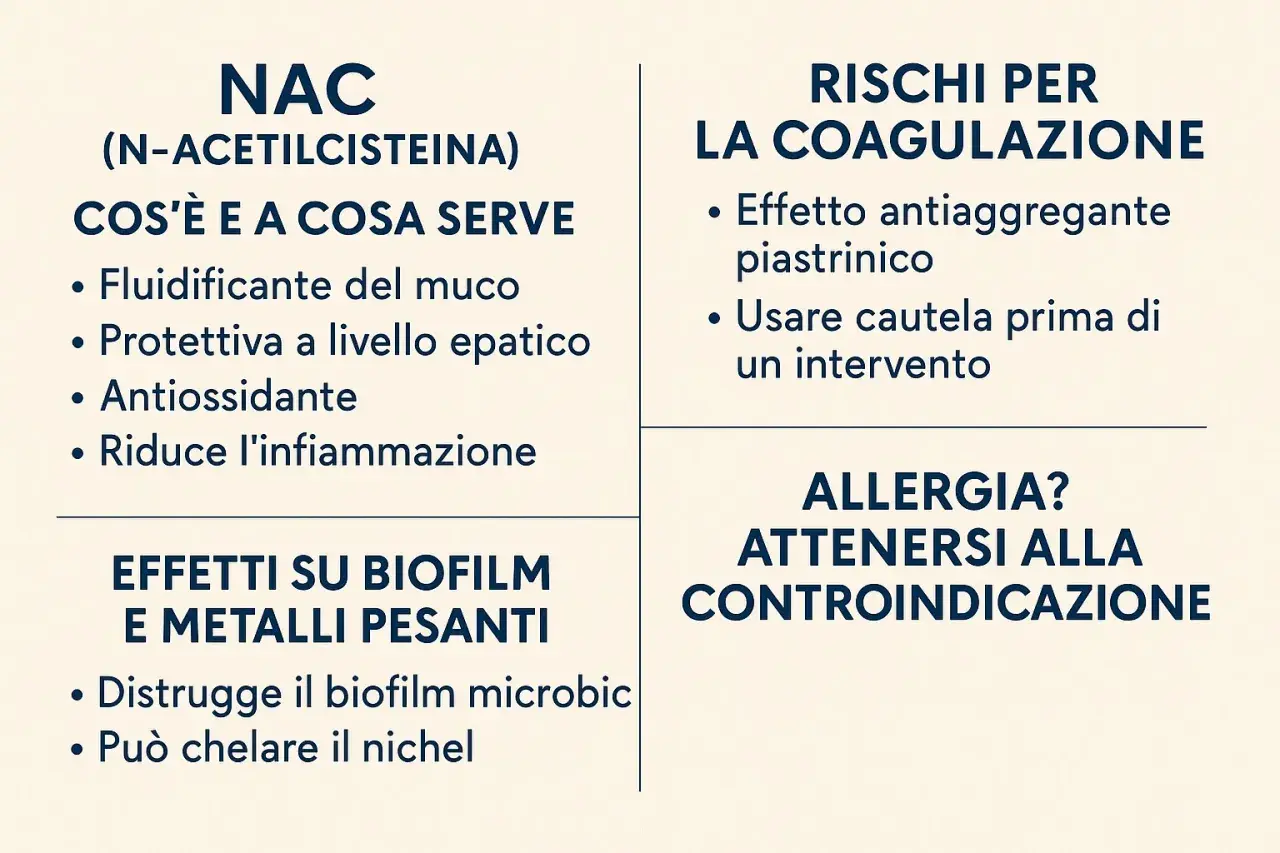 NAC (N-acetilcisteina): fluidificante, protettivo epatico, antiossidante, riduce infiammazione, agisce su biofilm e metalli pesanti. Attenzione a coagulazione e allergie.