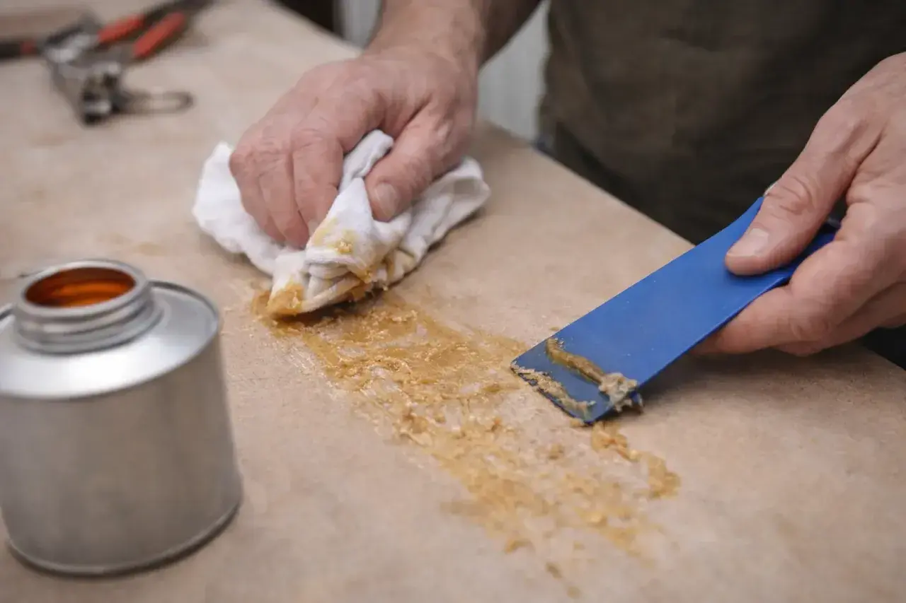 Comment enlever de la colle néoprène sur du tissu : un homme utilise une spatule bleue et un chiffon pour retirer la colle d'une surface.