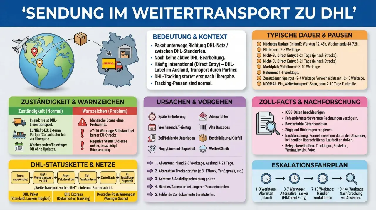 Infografik erklärt, was ist DHL Freight: Sendungen im Weitertransport, typische Dauer, Ursachen & Vorgehen bei Problemen.